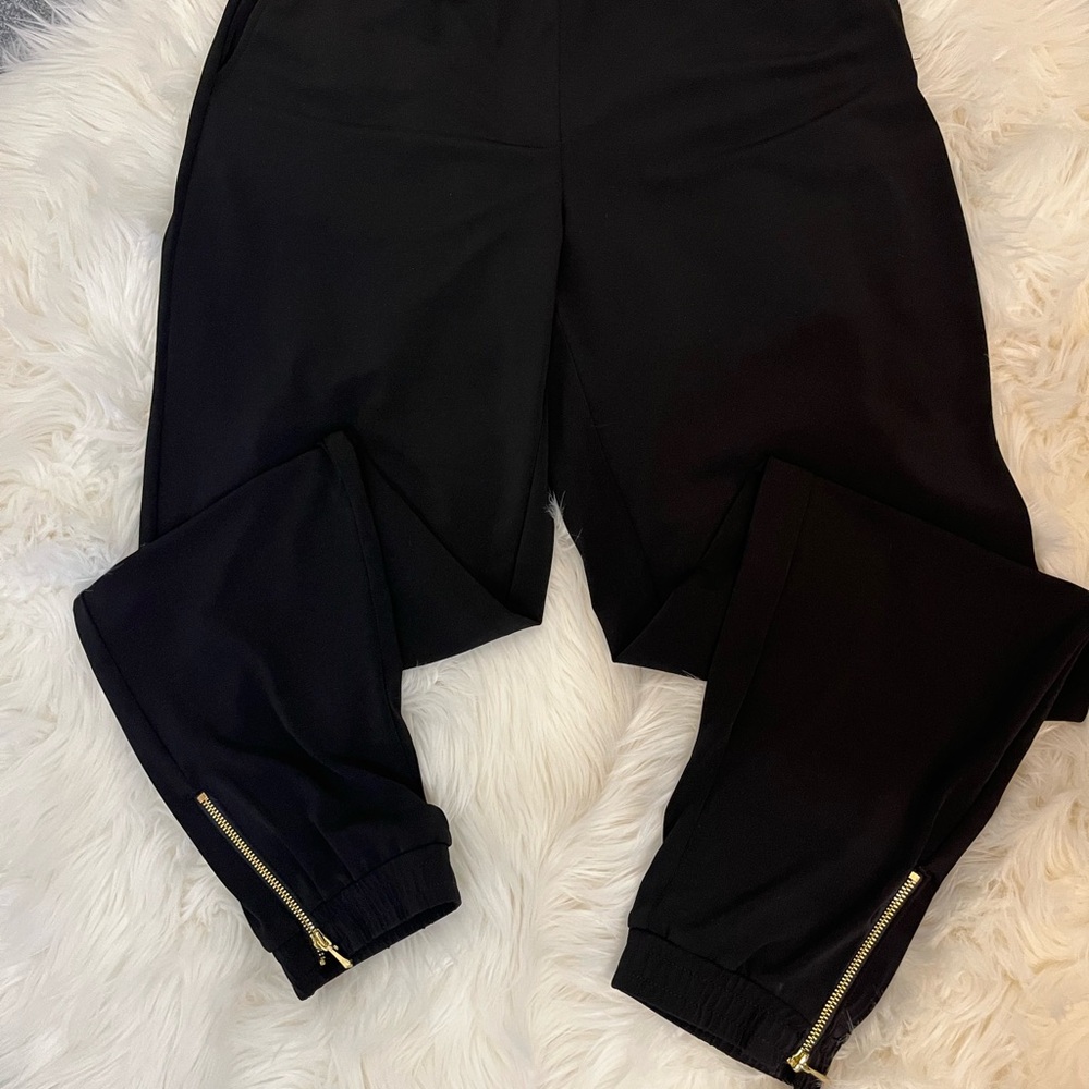 Susan Graver Liquid Knit Black Joggers with Gold Zippers at the Ankle